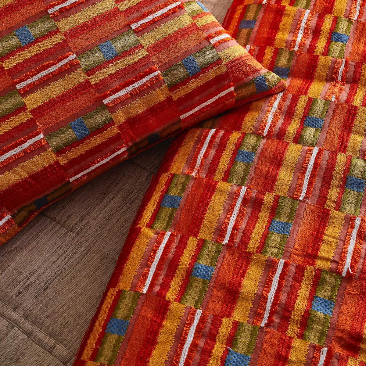 Detail View of Multi-Colored The Met x Ann Gish Pluma Duvet Cover and Decorative Pillow