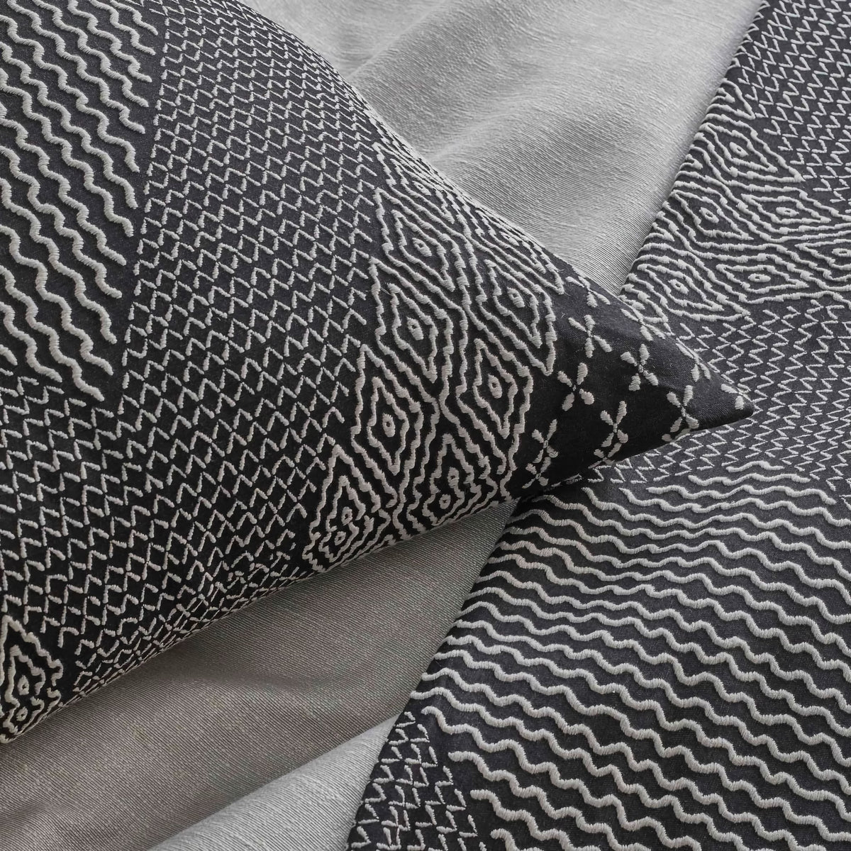 Detail View of The Met x Ann Gish Sashiko Hishi-Moyo Duvet Cover and Decorative Pillow