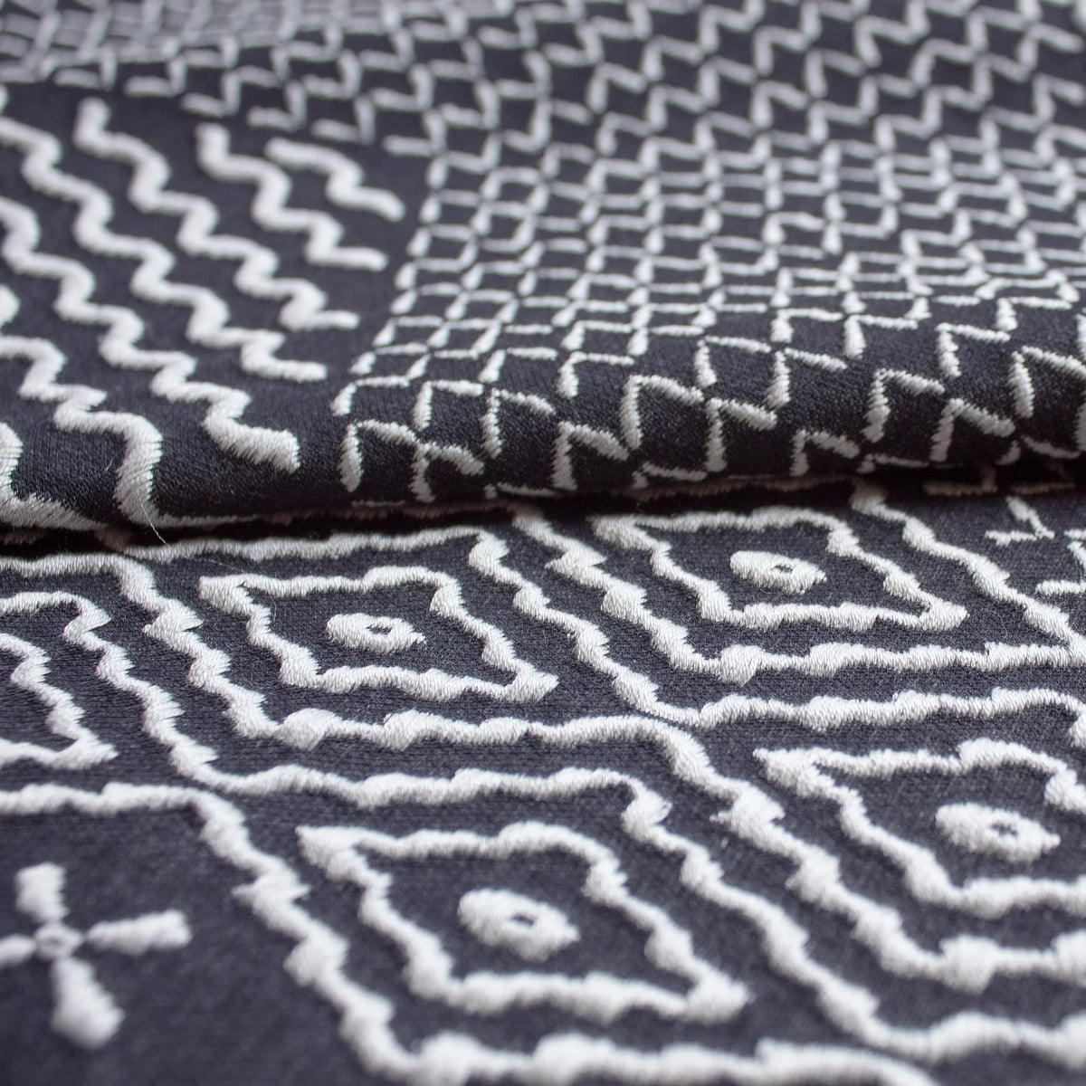 Fabric Closeup of The Met x Ann Gish Sashiko Hishi-Moyo Duvet Cover and Decorative Pillow