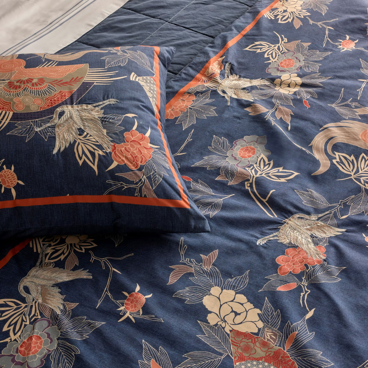 Closeup of Marine-colored The Met x Ann Gish Sensu Comforter Set