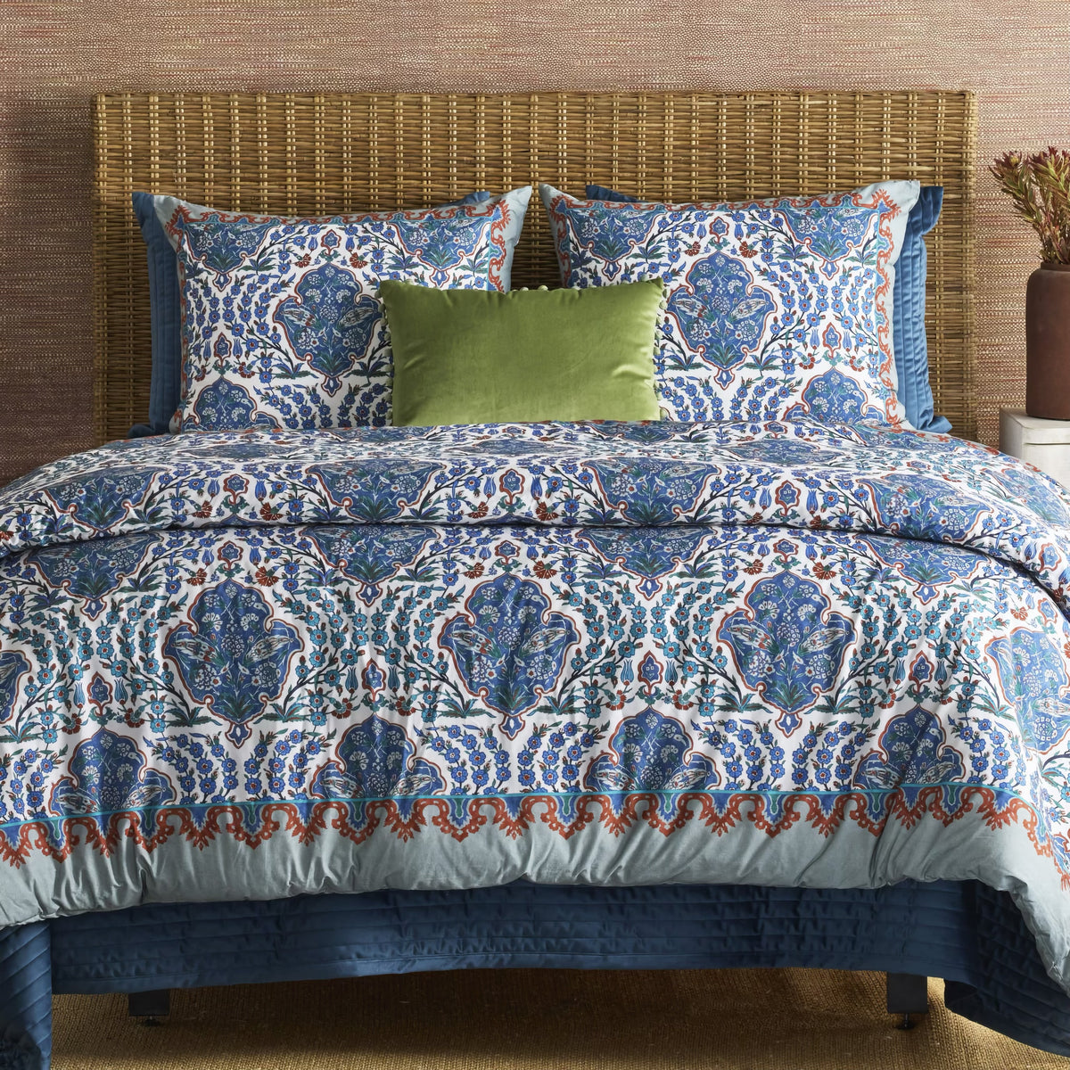 Blue-colored The Met x Ann Gish Sinan Comforter Set with Green Decorative Pillow 