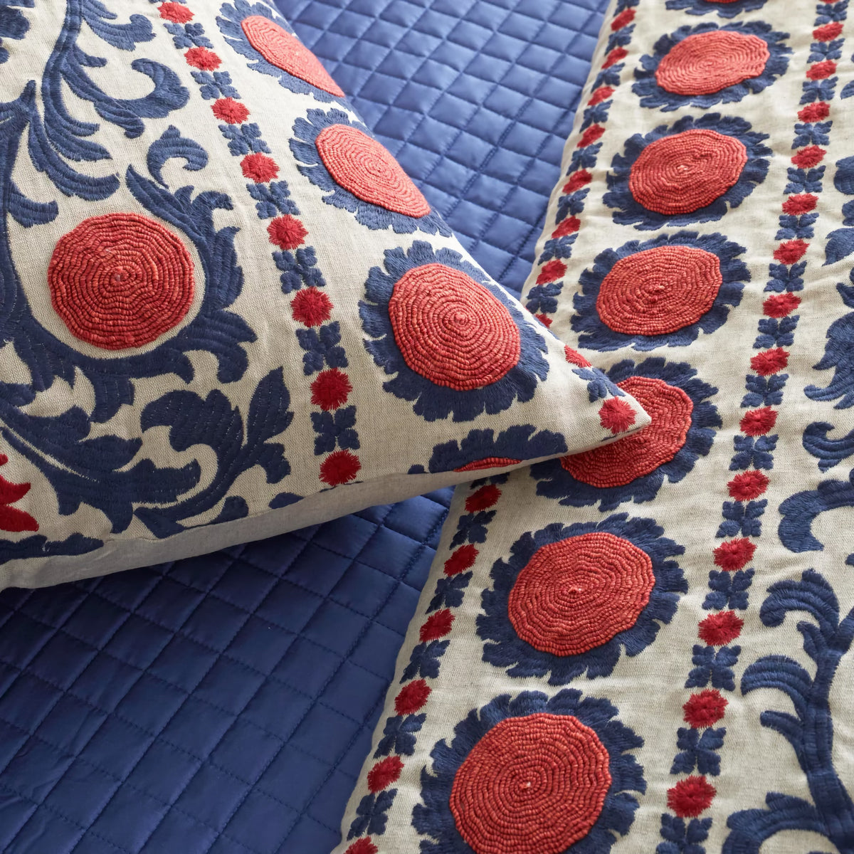 Detail View of The Met x Ann Gish Suzani Throw and Decorative Pillow in Indigo