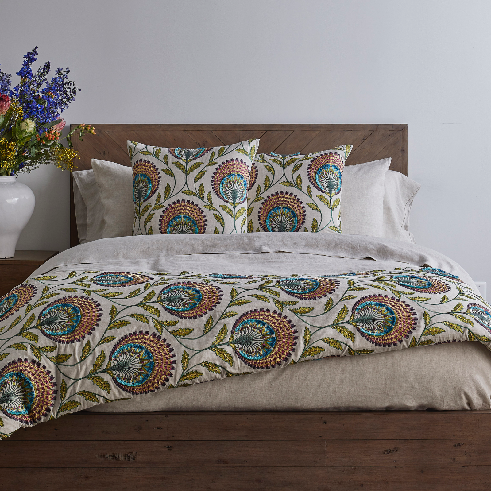 Bed with The Met x Ann Gish Tavus Throw and Decorative Pillows