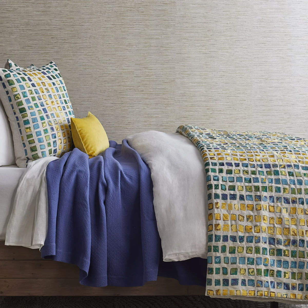 Side View of The Met x Ann Gish Tesserae Mosaic Throw and Decorative Pillow