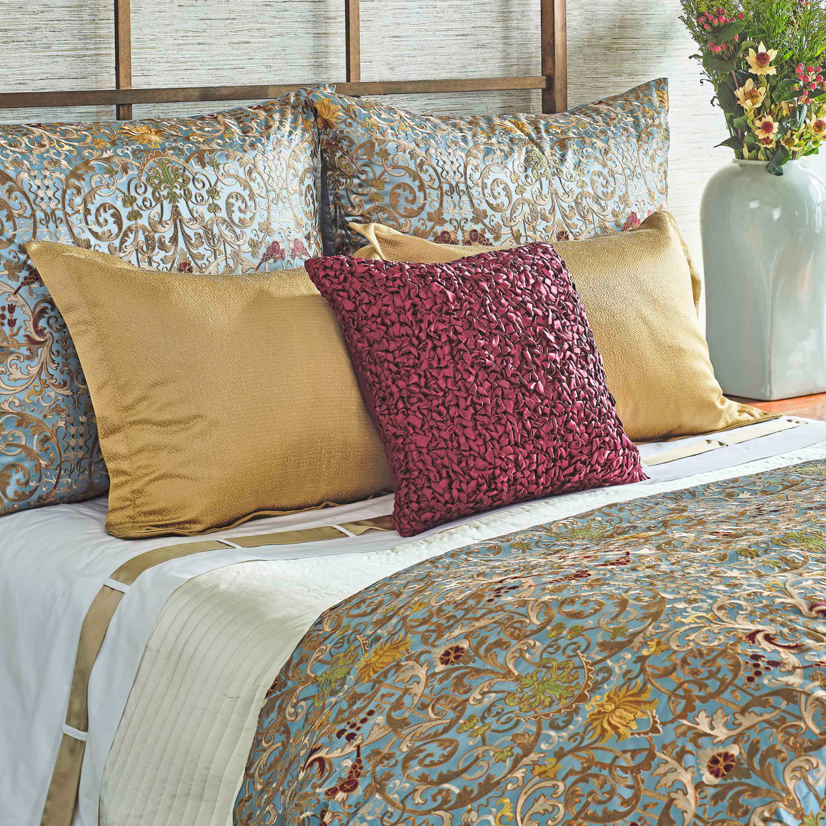 Closeup of The Met x Ann Gish Venezia Duvet Cover and Decorative Pillow in Blue