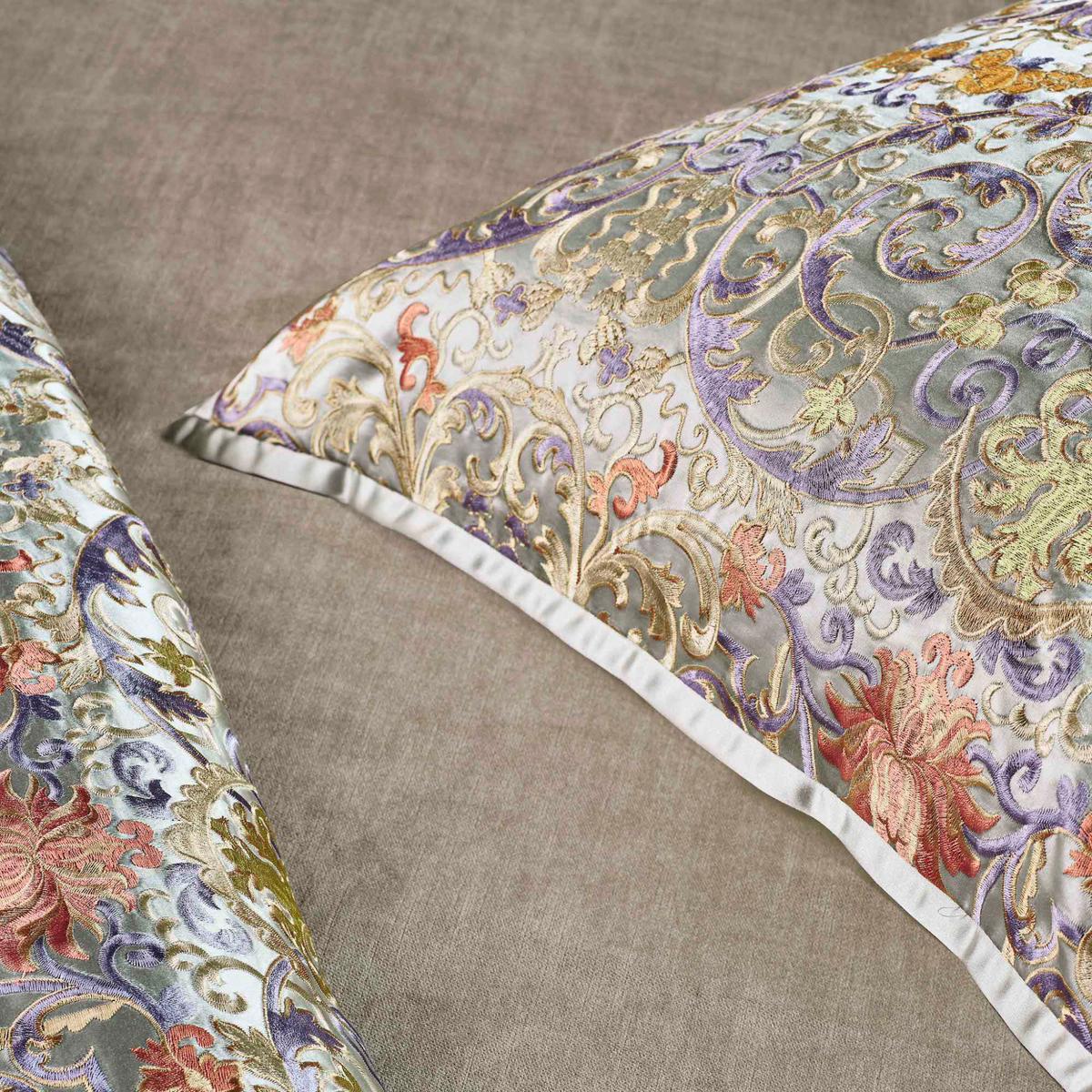 Detail View of The Met x Ann Gish Venezia Duvet Cover and Decorative Pillow in Blue