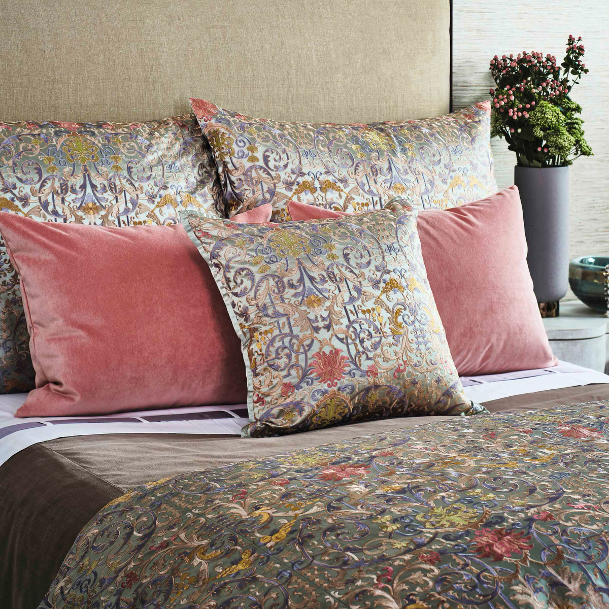Closeup of The Met x Ann Gish Venezia Duvet Cover and Decorative Pillow in Sage