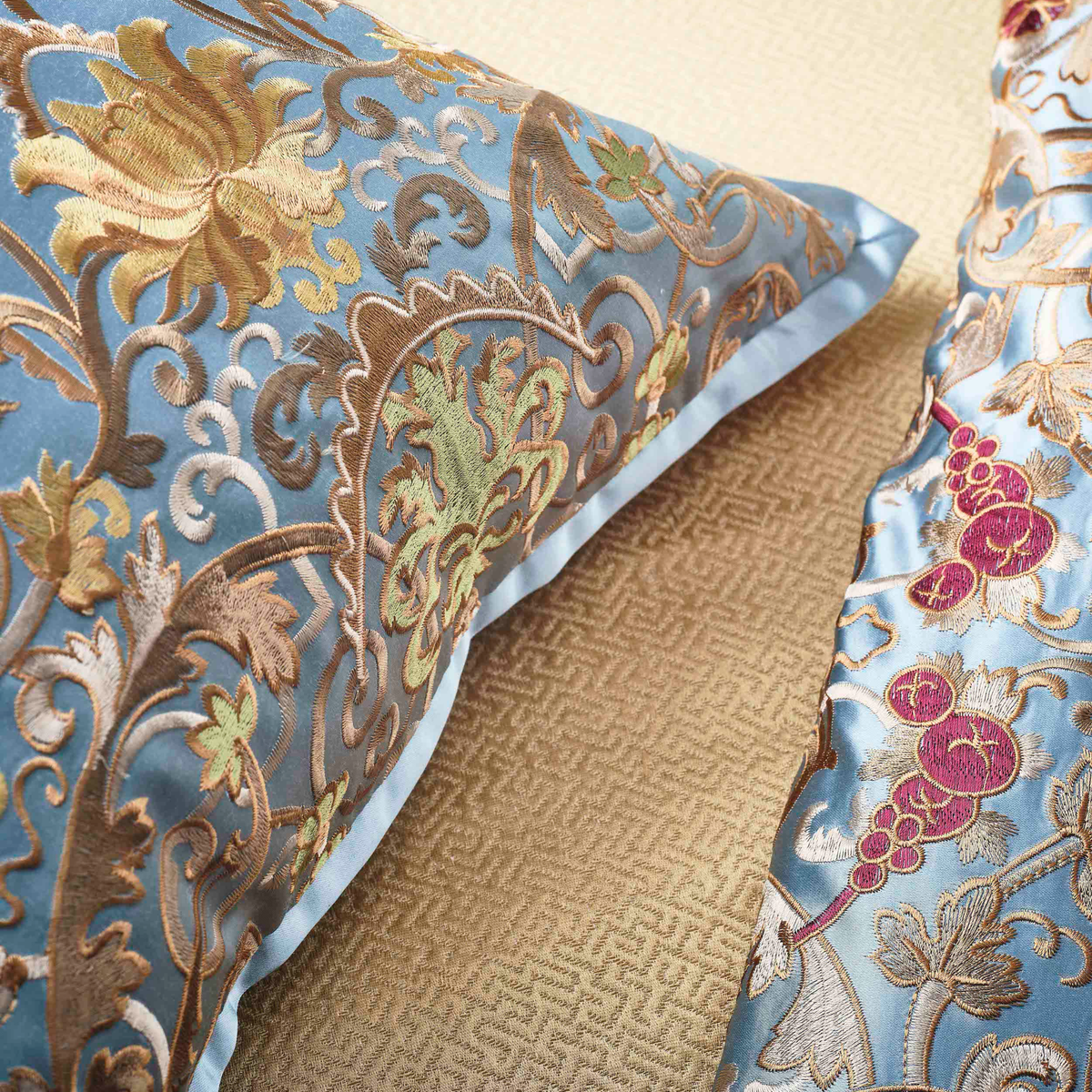 Detail View of The Met x Ann Gish Venezia Duvet Cover and Decorative Pillow in Sage