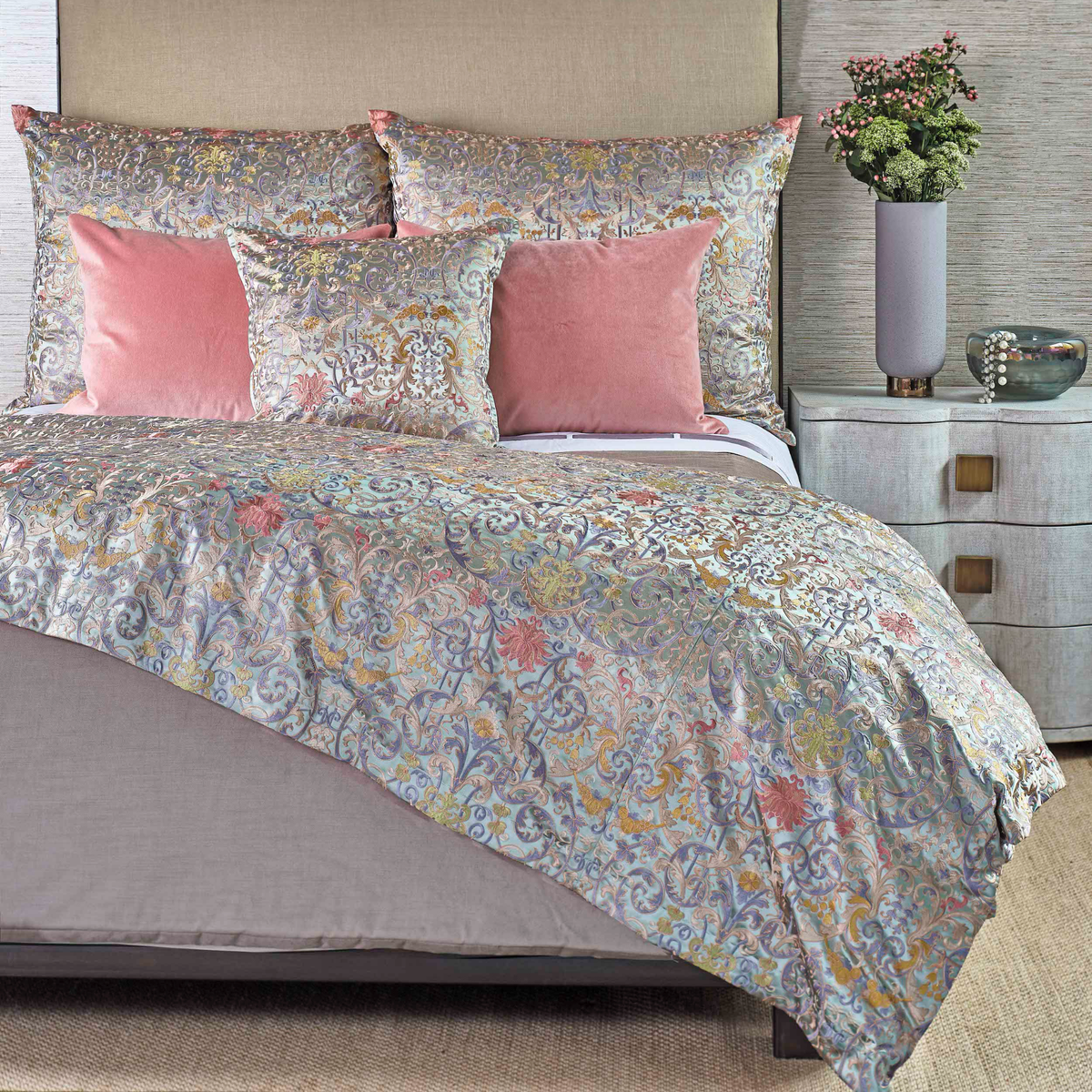 The Met x Ann Gish Venezia Duvet Cover and Decorative Pillow in Sage with coordinate bedding
