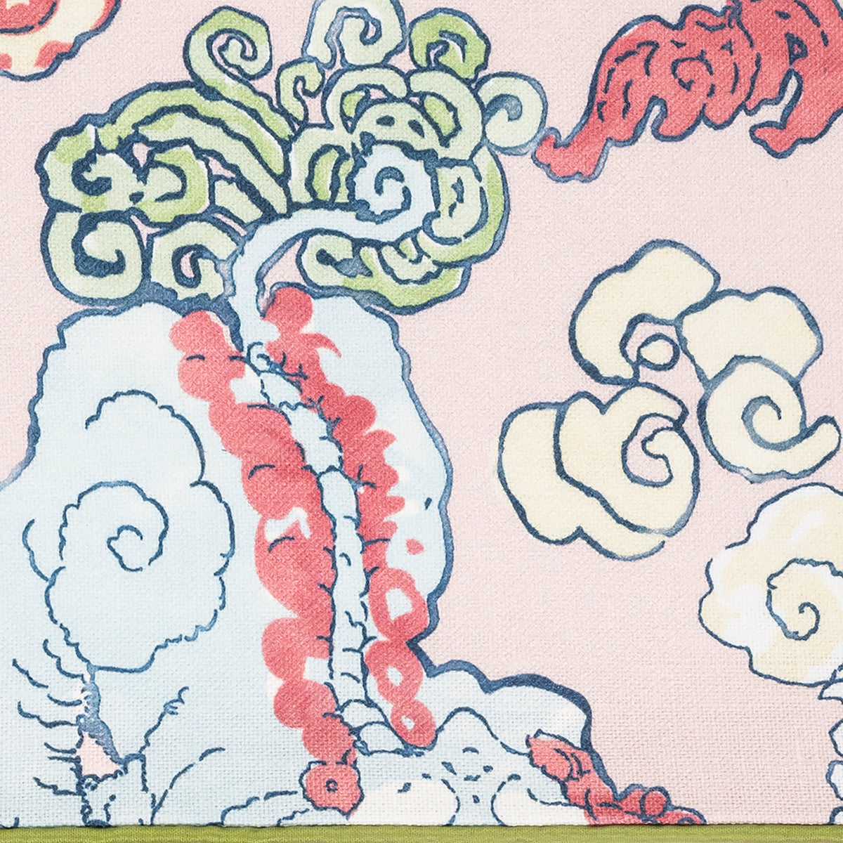 Decorative fabric pattern with swirling designs in pink, green, and blue on a light background