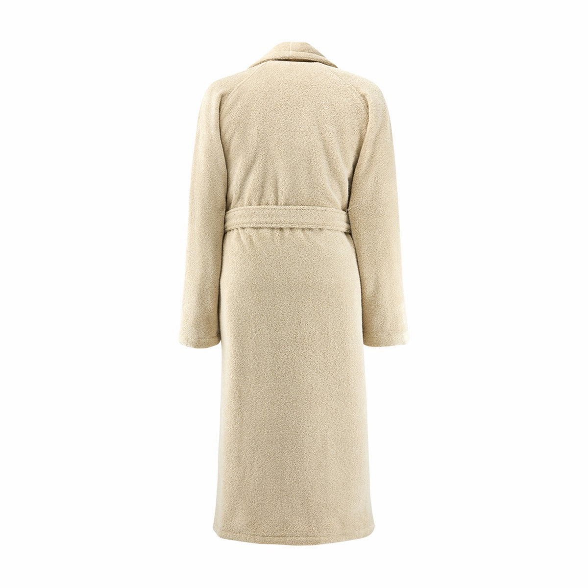 A Yves Delorme Apollon Bath Robe in Dune color with long sleeves and a belt, made in France, shown from the back on a white background
