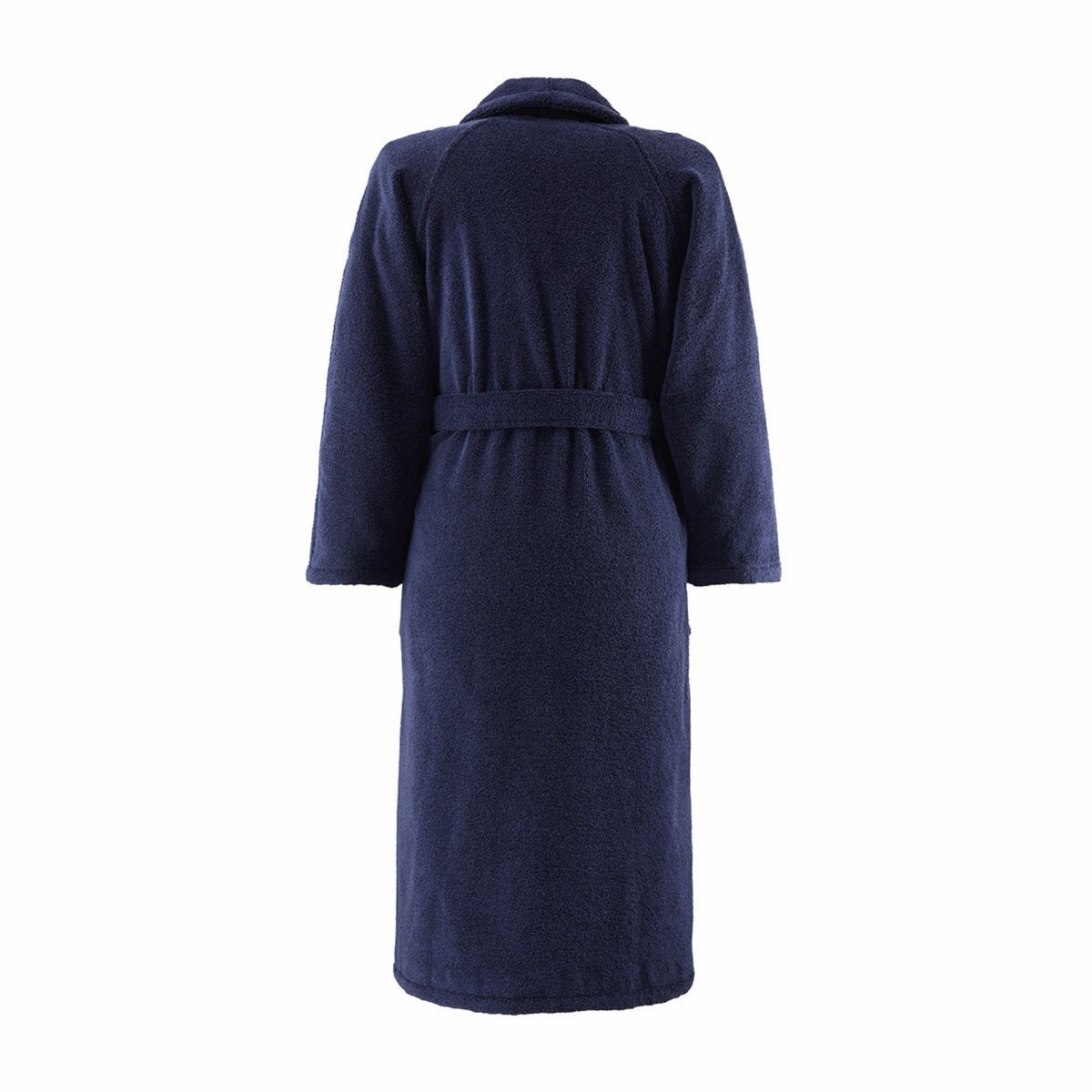 A Yves Delorme Apollon Bath Robe in Marine color with long sleeves and a belt, made in France, shown from the back on a white background