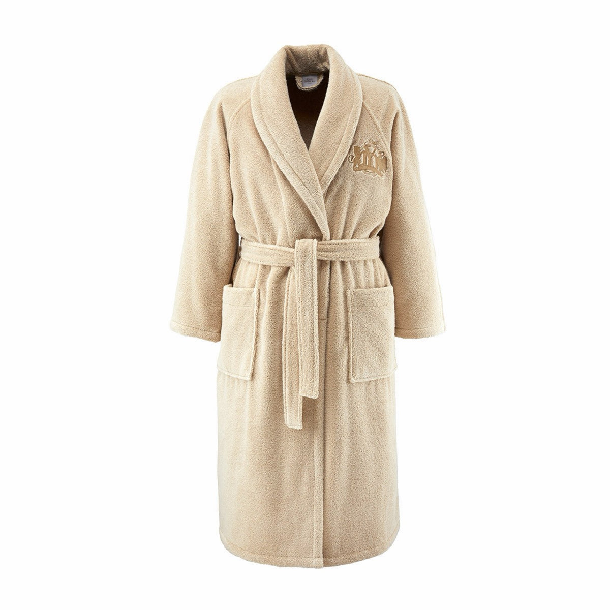 A Yves Delorme Apollon Bath Robe in Dune color made in France with a shawl collar, front pockets, belt, and embroidered logo on the left chest