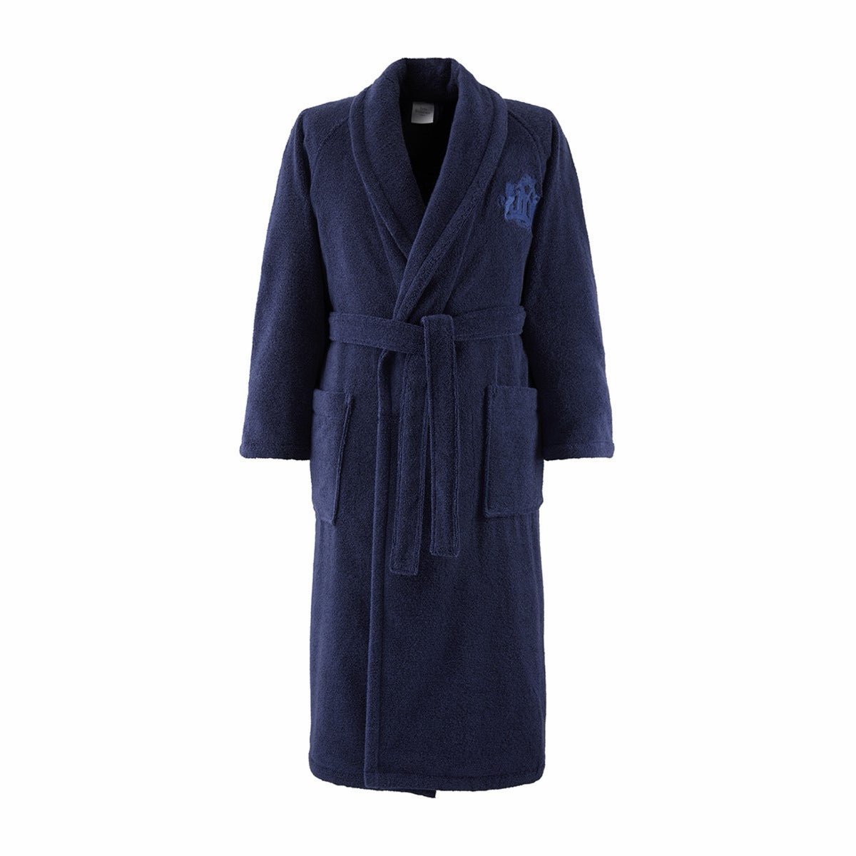 A Yves Delorme Apollon Bath Robe in Marine color made in France with a shawl collar, front pockets, belt, and embroidered logo on the left chest