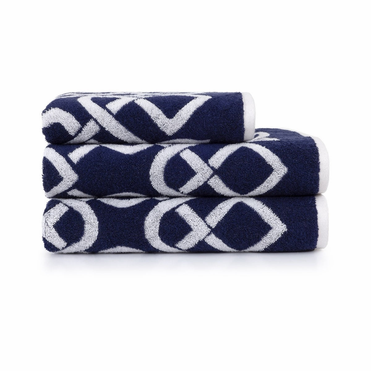Three folded Yves Delorme Apollon Bath Collection in Marine color stacked neatly against a white background