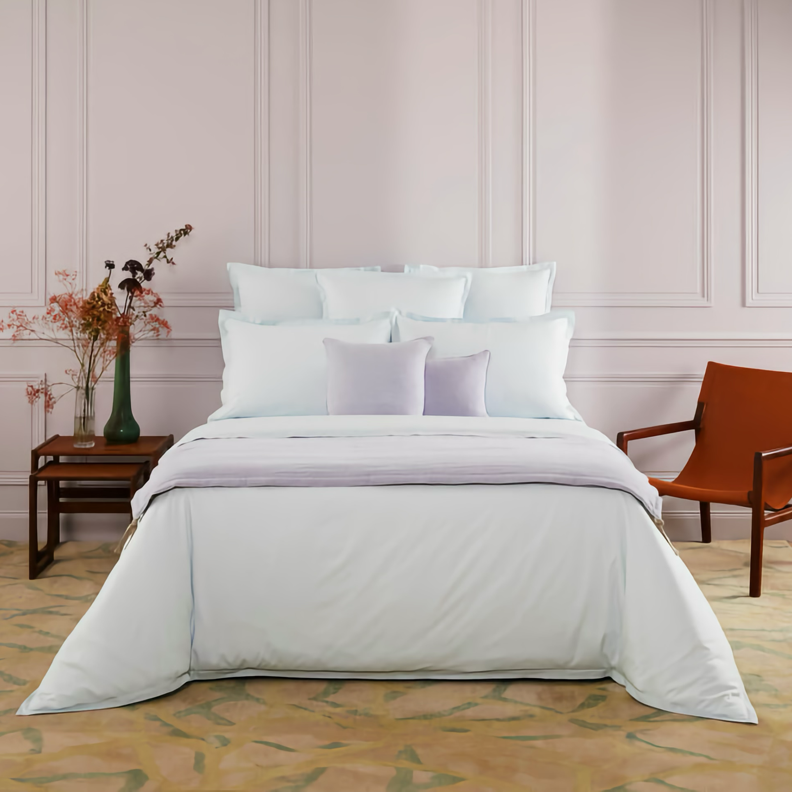 Bed in Complete Yves Delorme Batiste Bedding in Aqua Color