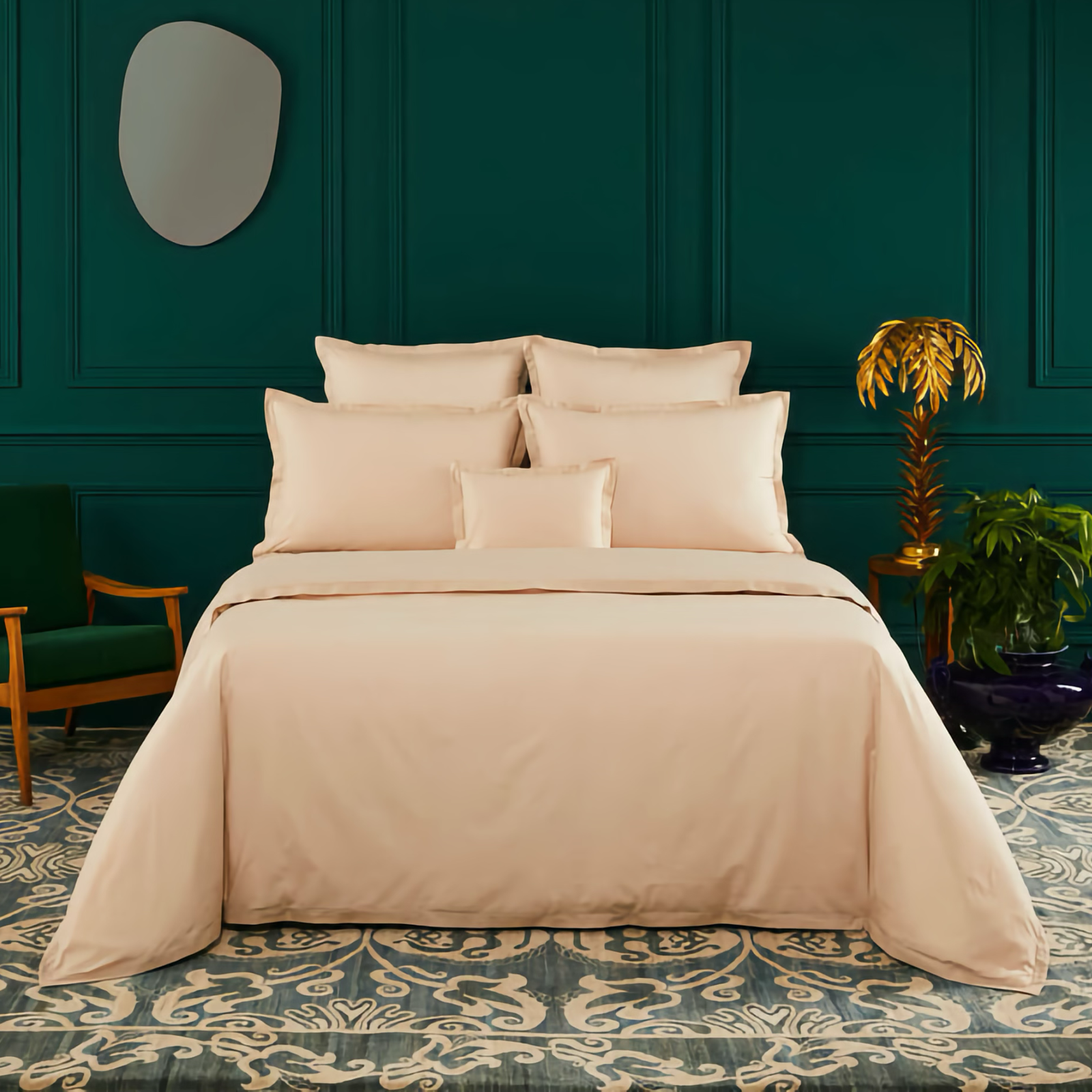 Bed in Complete Yves Delorme Batiste Bedding in Biscuit Color