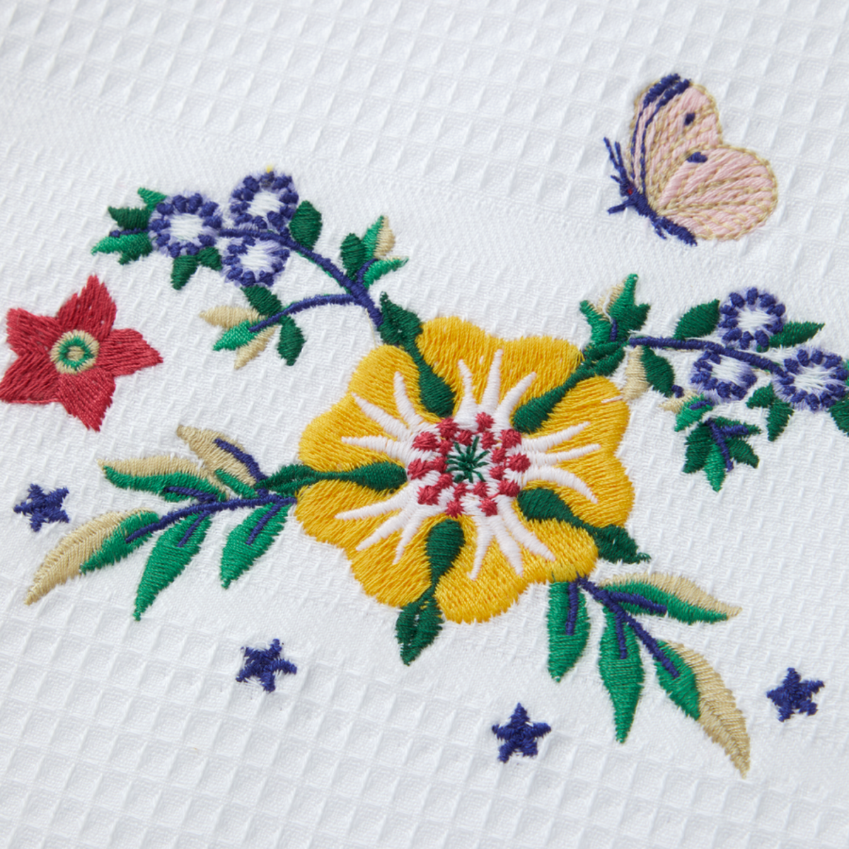 Closeup of first Yves Delorme Botanic Guest Towel embroidery