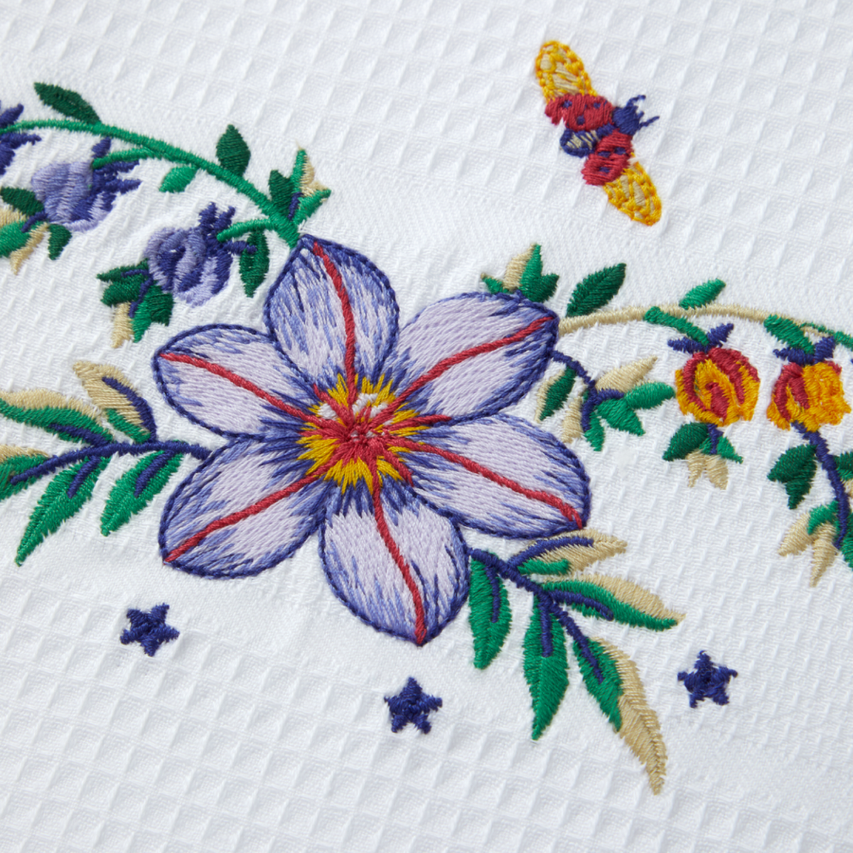 Closeup of second Yves Delorme Botanic Guest Towel embroidery