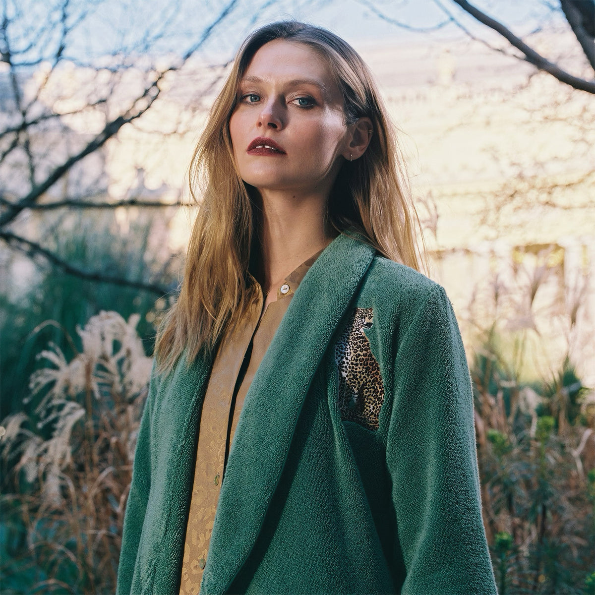 Model Wearing Yves Delorme Contes Bath Robe