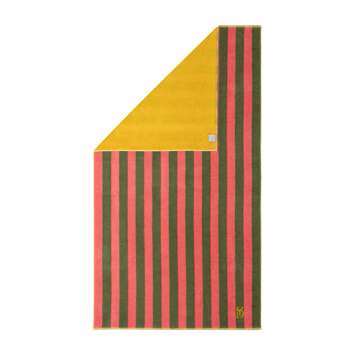 A rectangular Corail beach towel with pink and olive green stripes, and a solid yellow corner folded over.