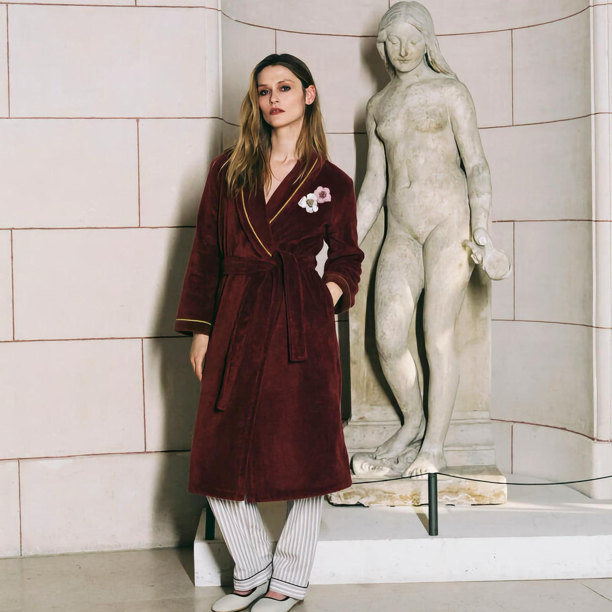 Model Wearing Yves Delorme Corolles Bath Robe