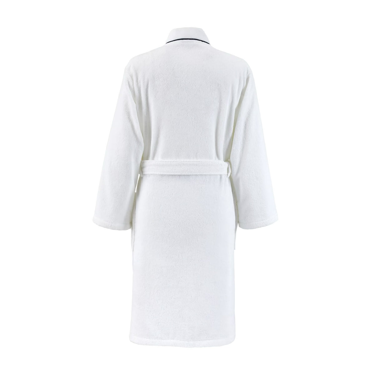 Back side view of Yves Delorme Croisiere Bath Robe in Blanc and Marine colors