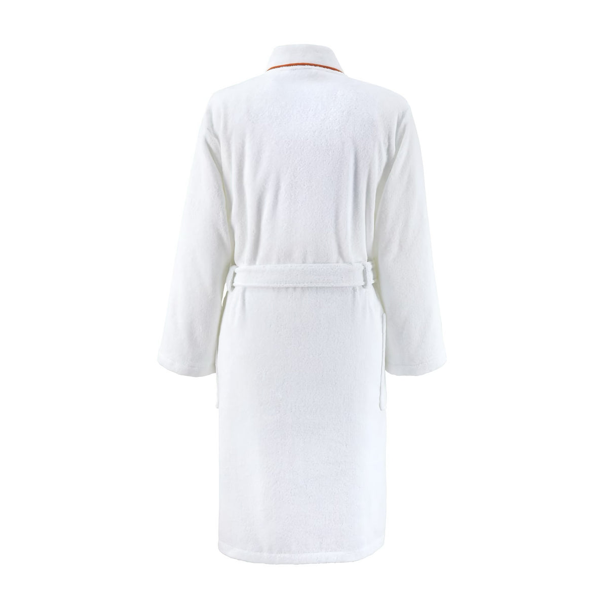 Back side view of Yves Delorme Croisiere Bath Robe in Blanc and Orange colors