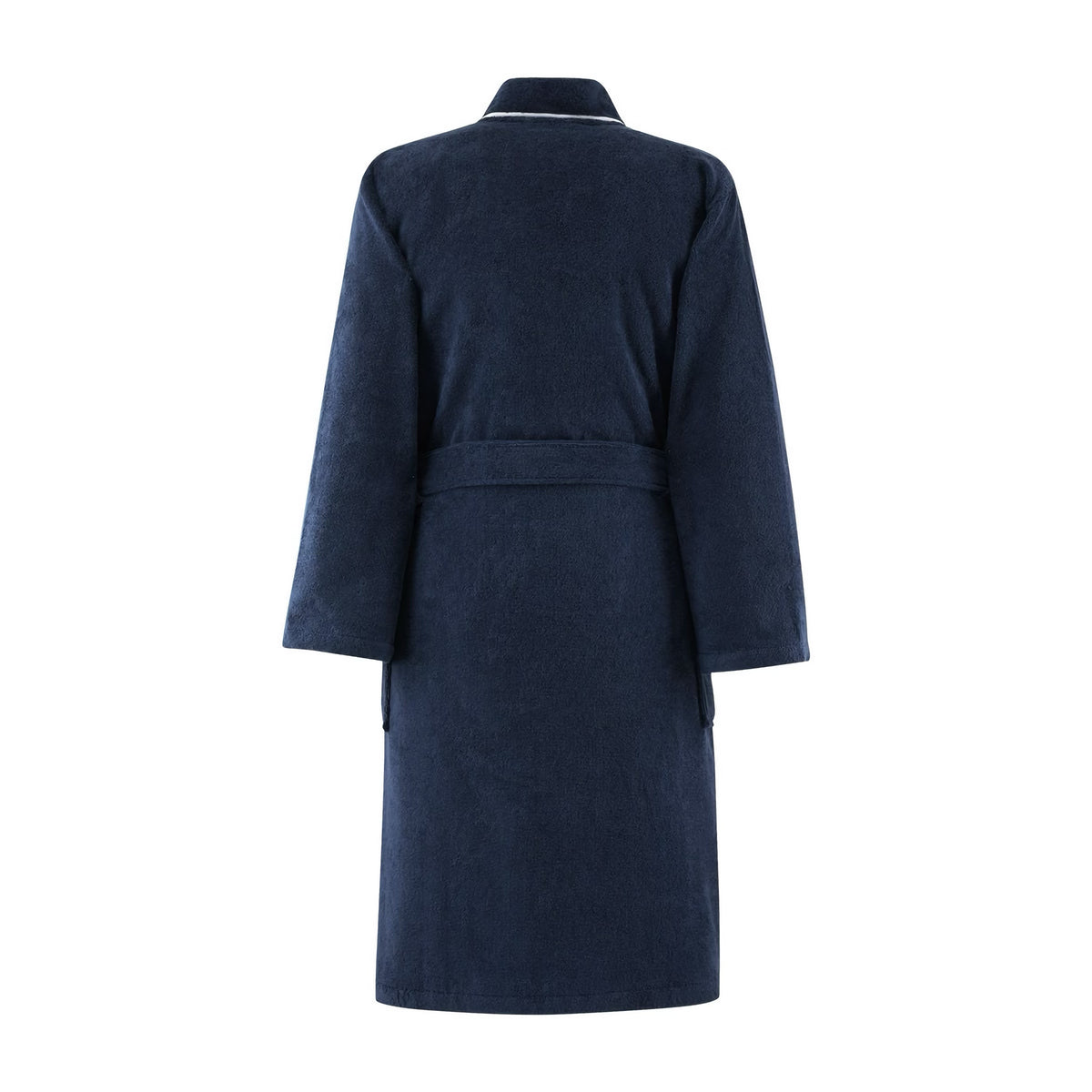 Back side view of Yves Delorme Croisiere Bath Robe in Marine and Blanc colors
