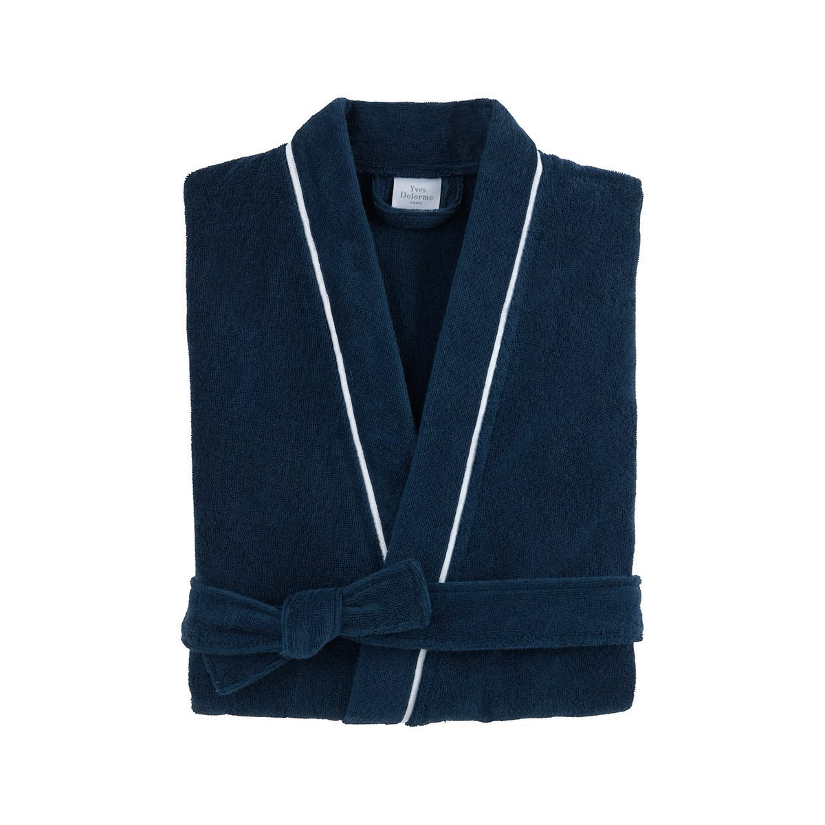 Folded Yves Delorme Croisiere Bath Robe in Marine and Blanc colors