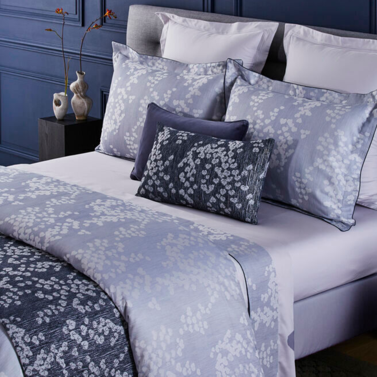 Closeup of Full Bed Dressed in Yves Delorme Estampe Bedding