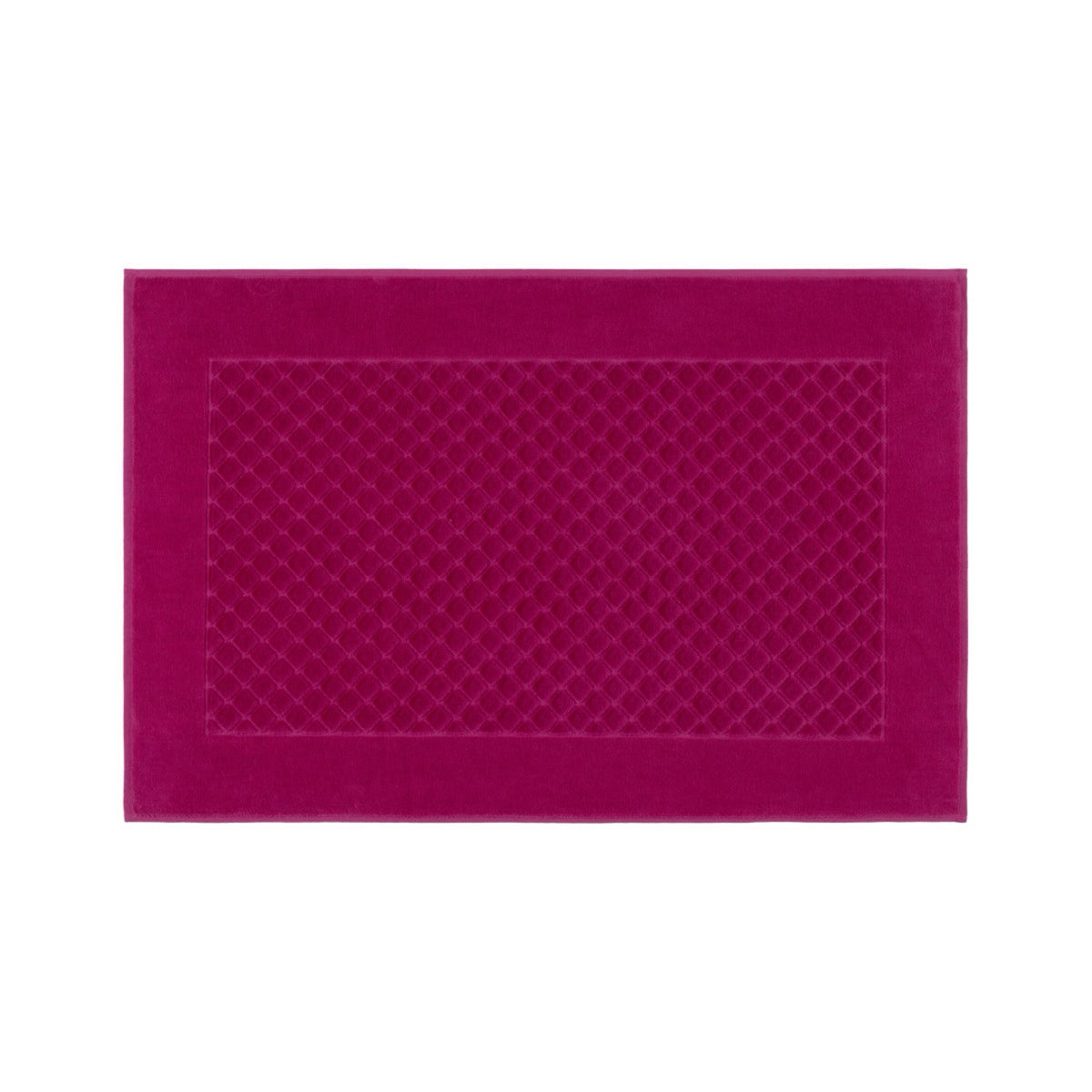 A rectangular magenta bath mat with a solid border pairs beautifully with Etoile Bath Towels for a luxe bathroom look.