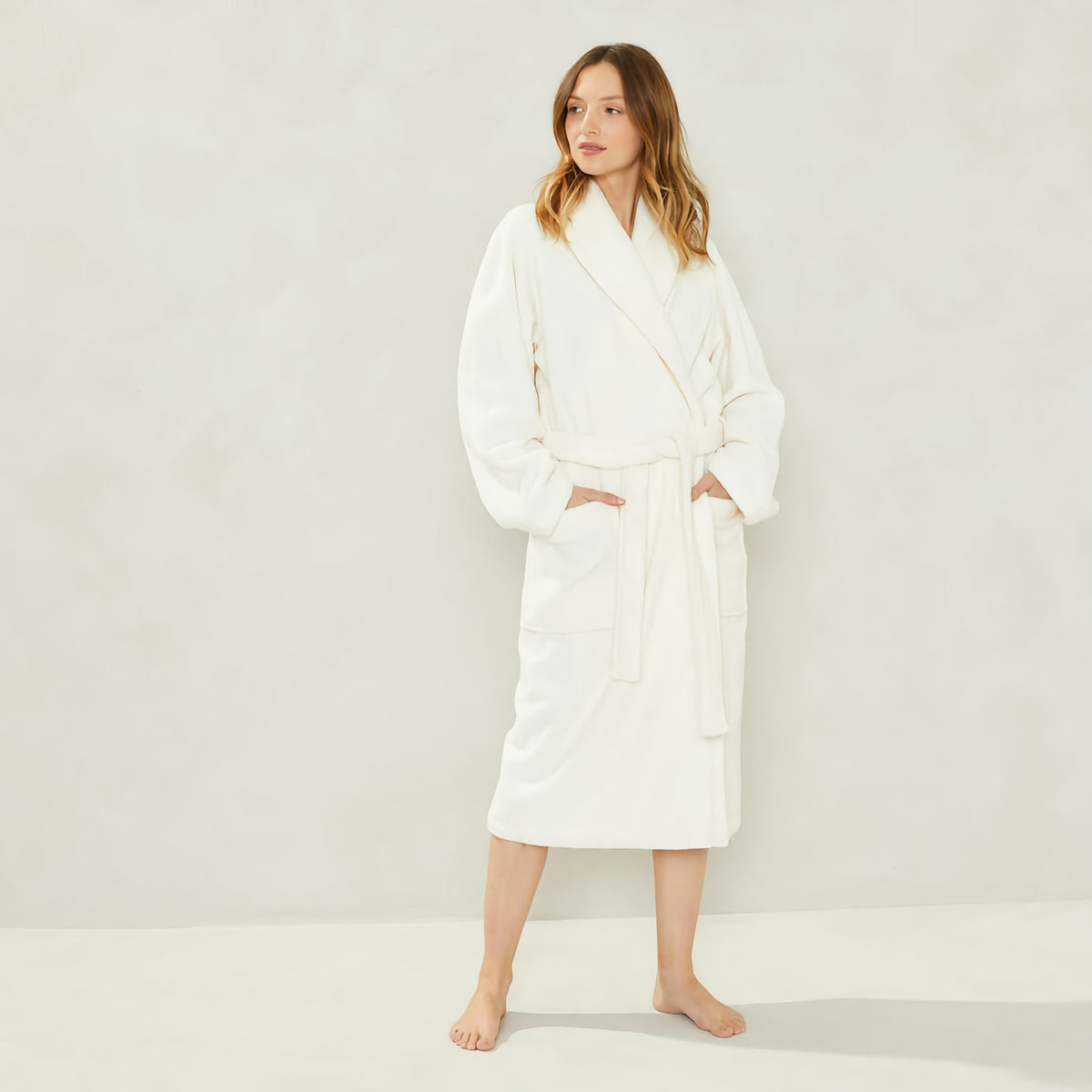 Model Dressed in Yves Delorme Etoile Bath Robe in Color Nacre
