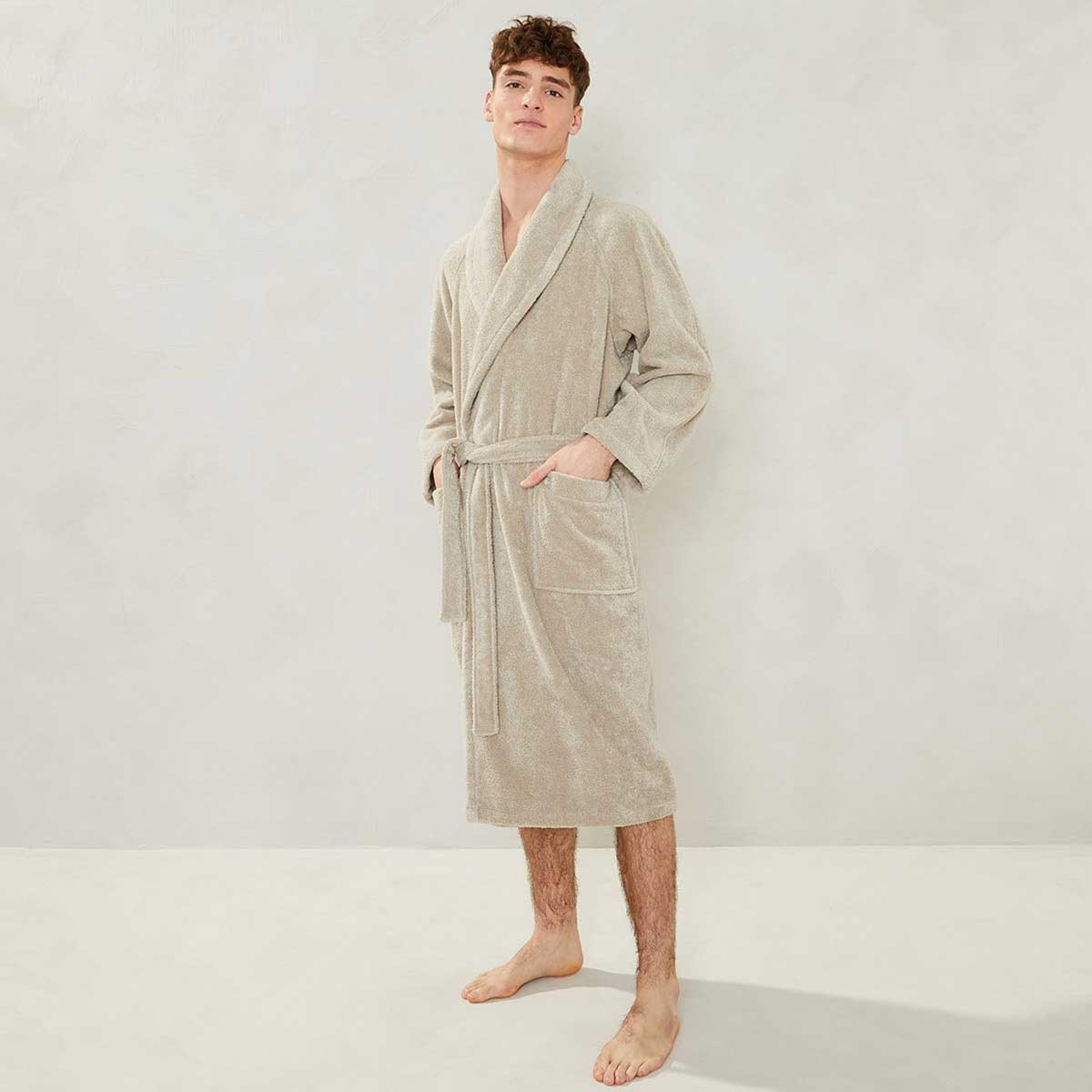 Model Wearing Yves Delorme Etoile Bath Robe in Pierre Color