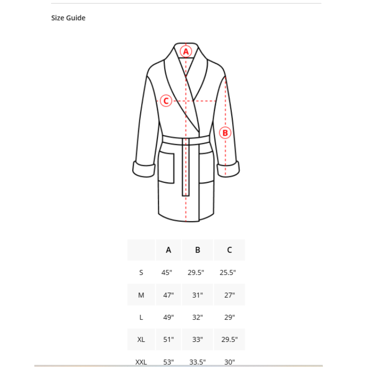 Line drawing of a Yves Delorme bath robe with labeled measurements; size chart for S to XXL.
