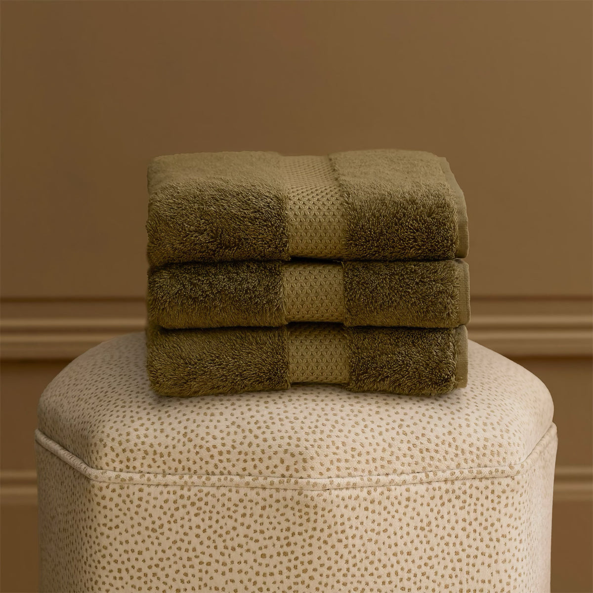Lifestyle Shot of Yves Delorme Etoile Bath Towels in Kaki
