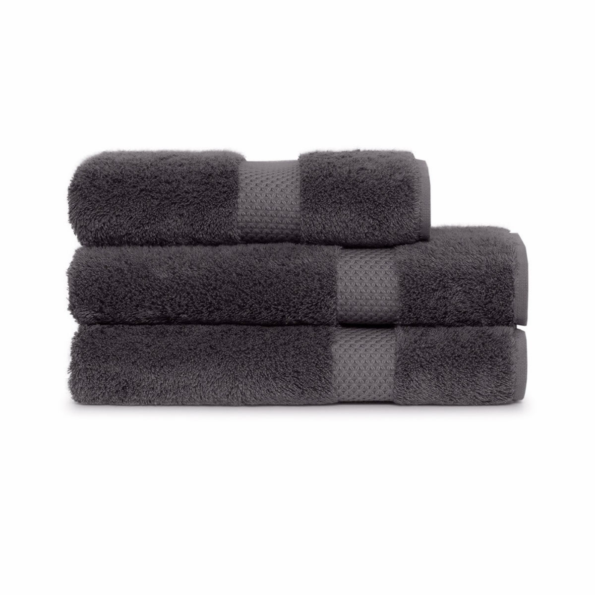 Stack of three Folded Yves Delorme Etoile Bath Towels in Ardoise color