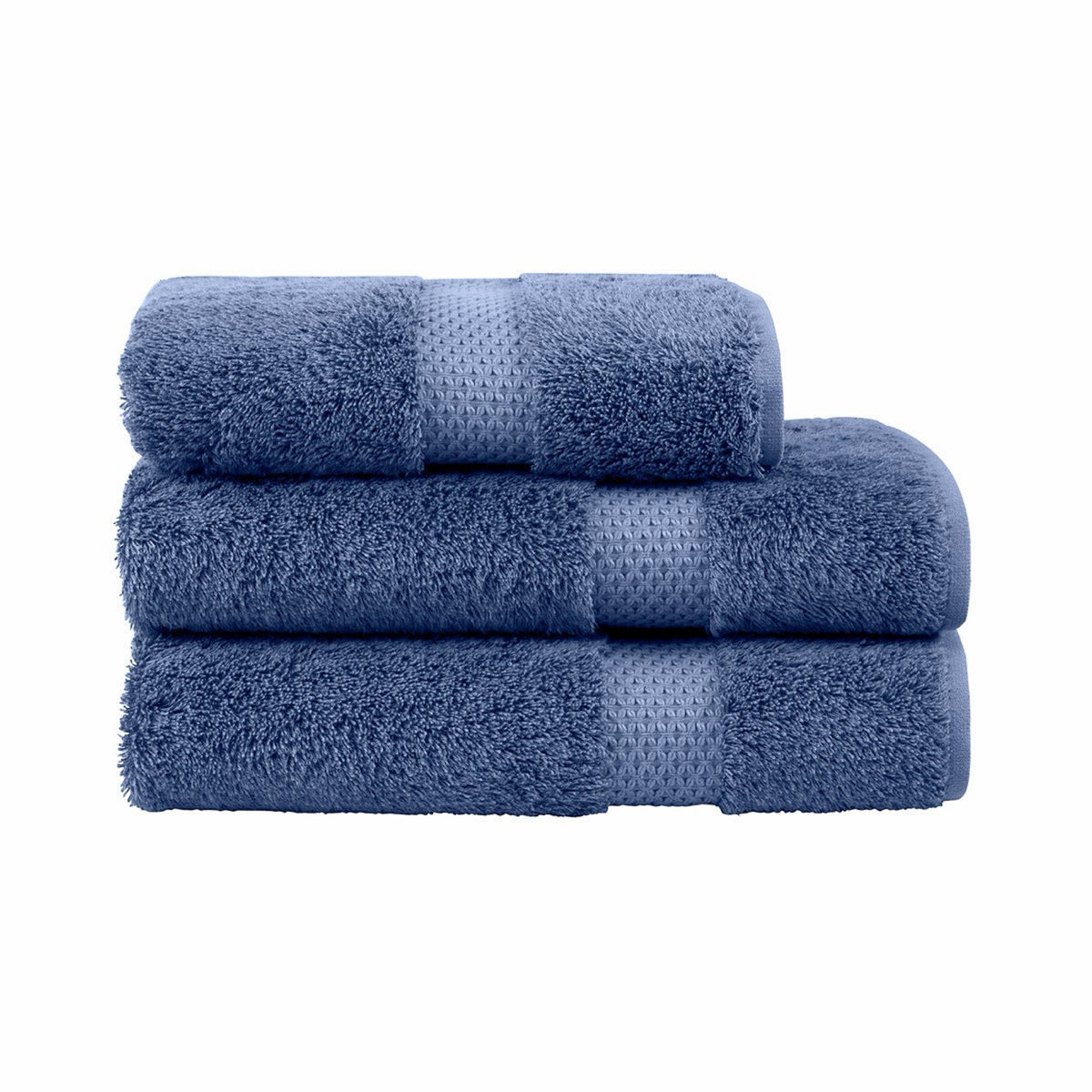 Stack of three Folded Yves Delorme Etoile Bath Towels in Outremer color