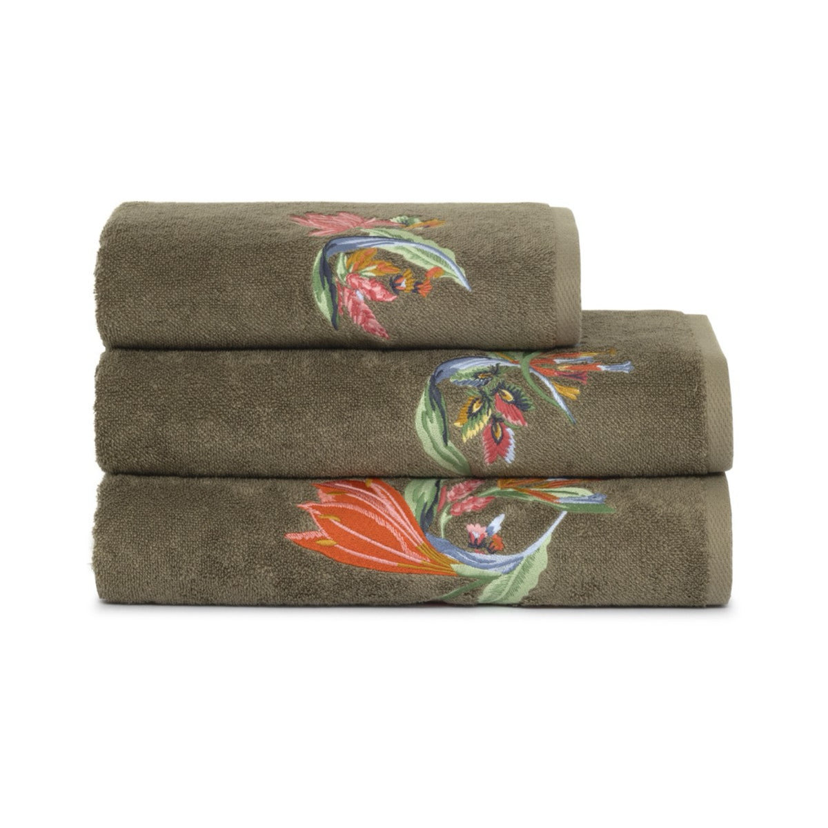 Three folded Yves Delorme Eze Bath Towels are stacked