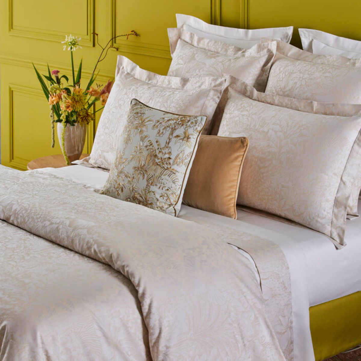 Closeup of Full Bed Dressed in Yves Delorme Faune Bedding