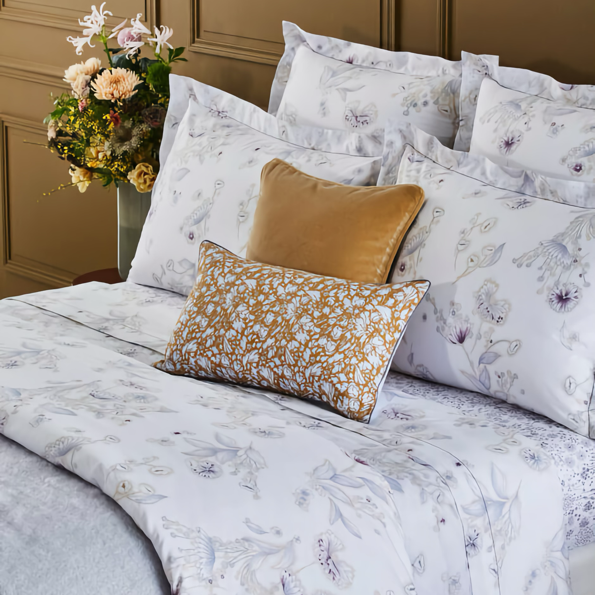 Angled View of Full Bed in Yves Delorme Givre Bedding Collection