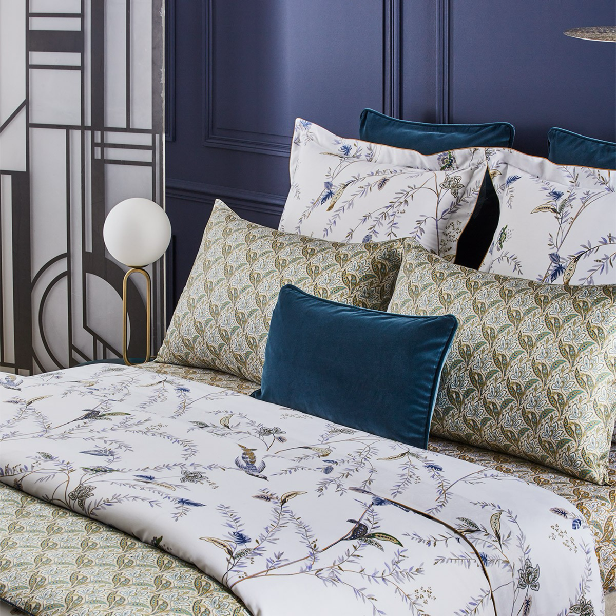 Closeup of Full Bed Dressed in Yves Delorme Grimani Bedding