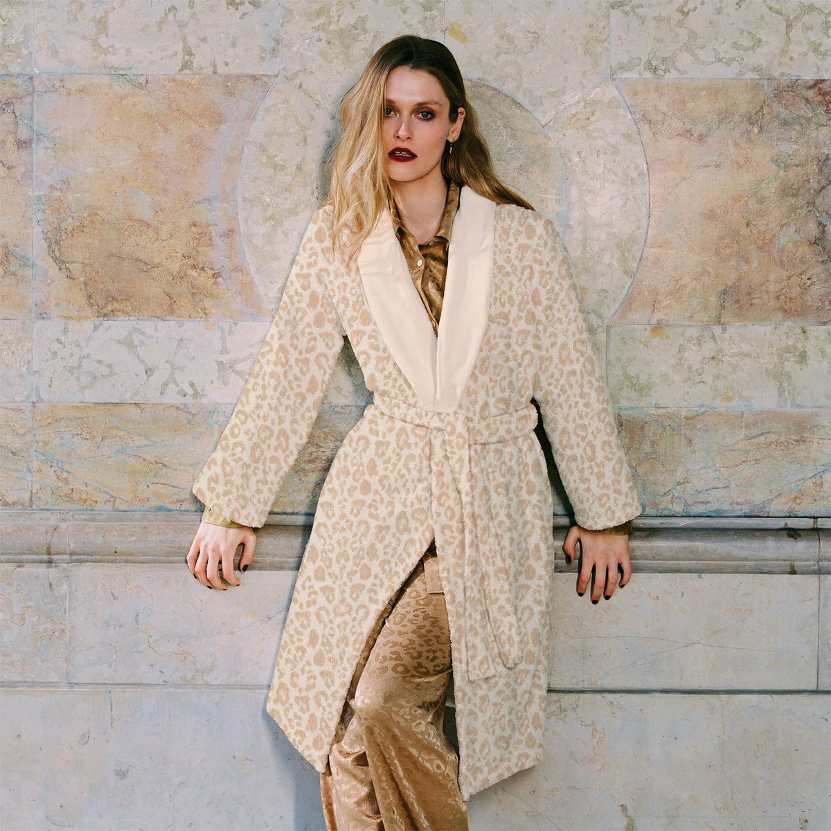 Model Wearing Yves Delorme Leopard Bath Robe