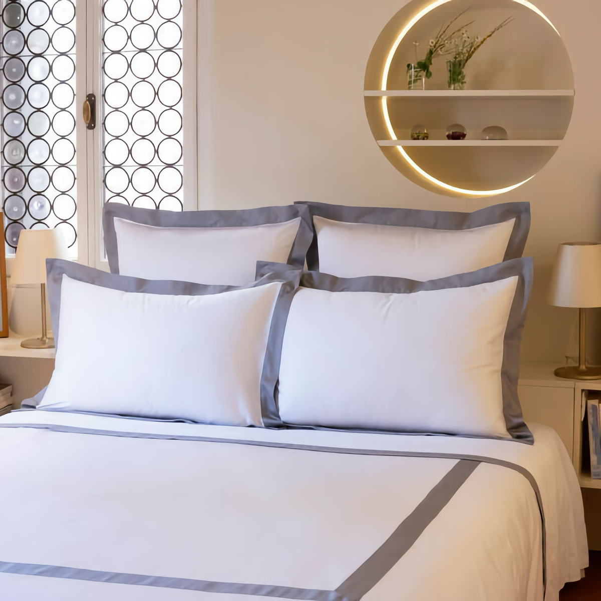 Closeup of Yves Delorme Linea Bedding in Platine