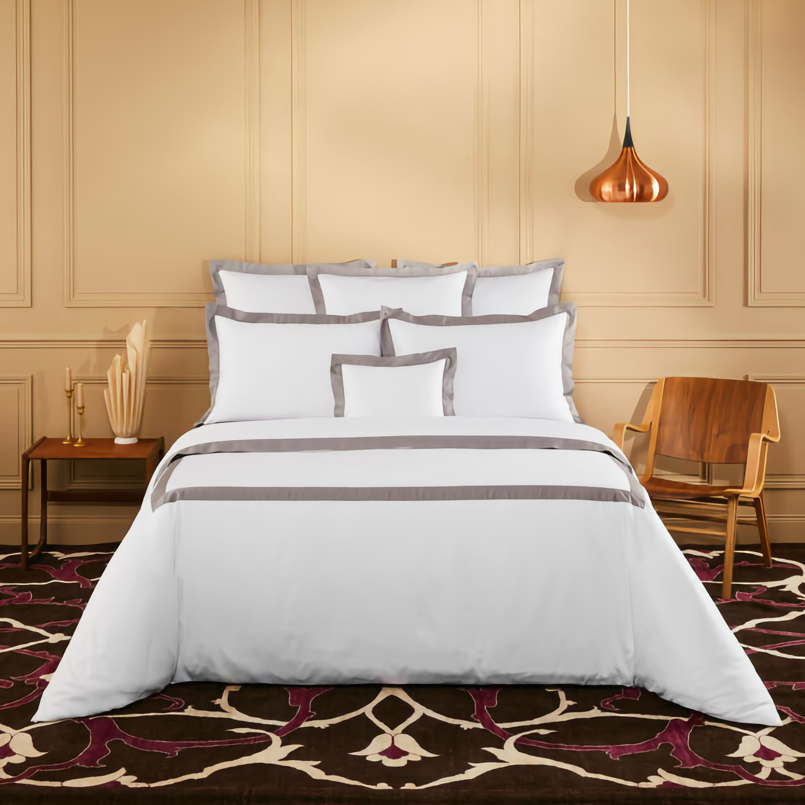Bed in Complete Yves Delorme Linea Bedding in Platine