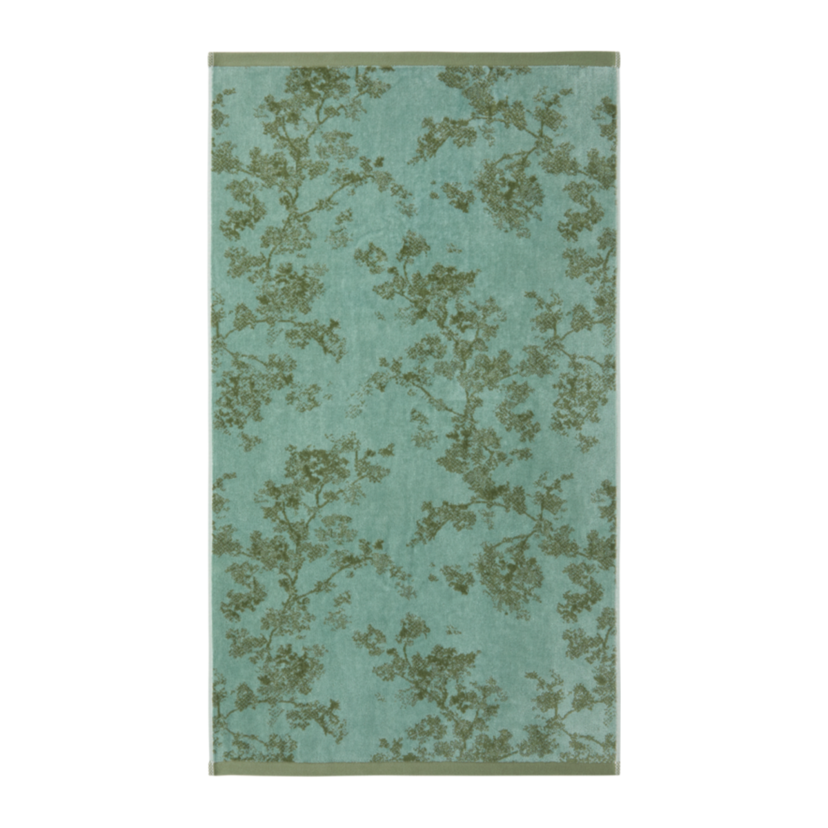 Rectangular teal Muses Bath Towel features an olive green jacquard floral branch and neatly finished edges.