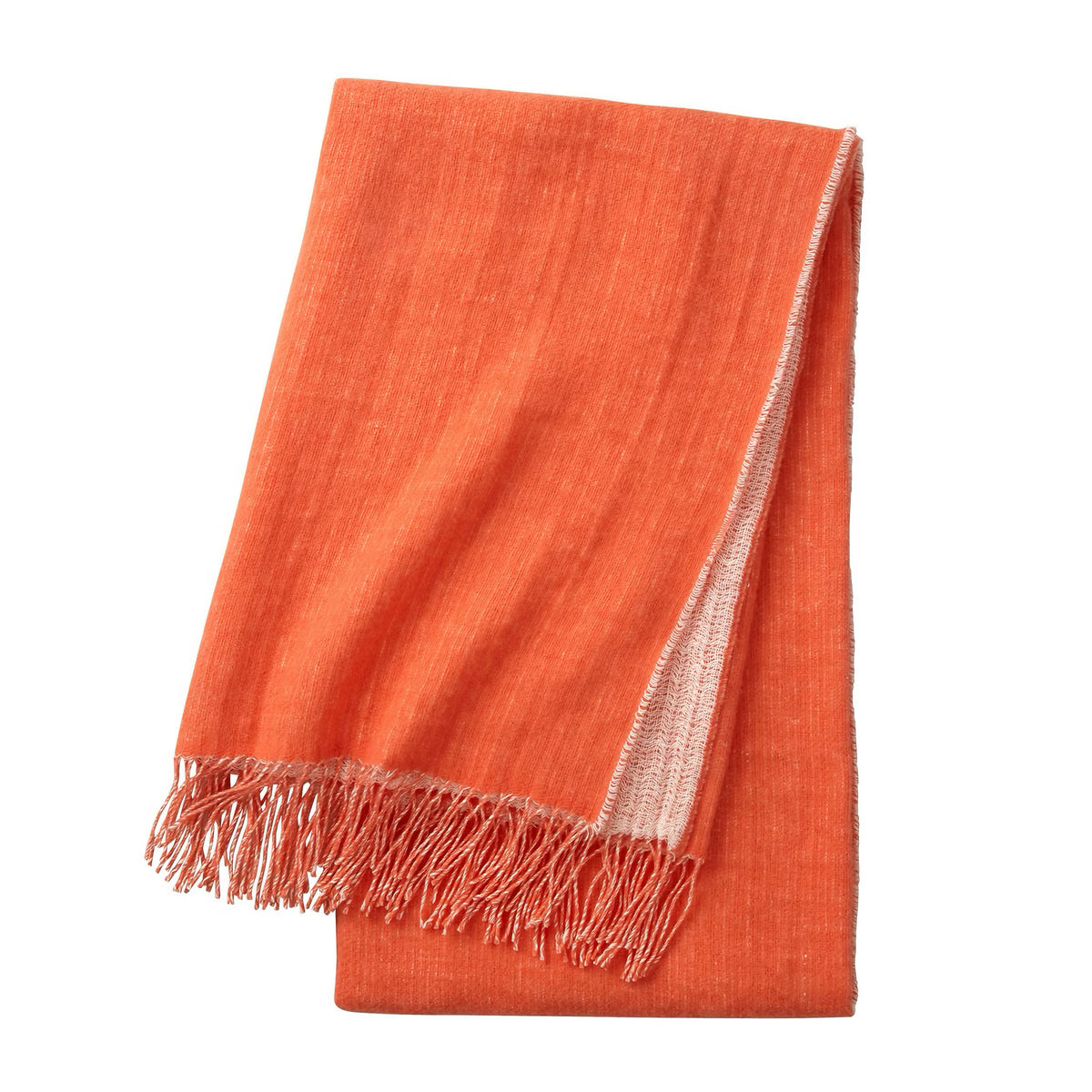 Yves Delorme Mysore Throw in Corail color, folded and laid flat on a white background