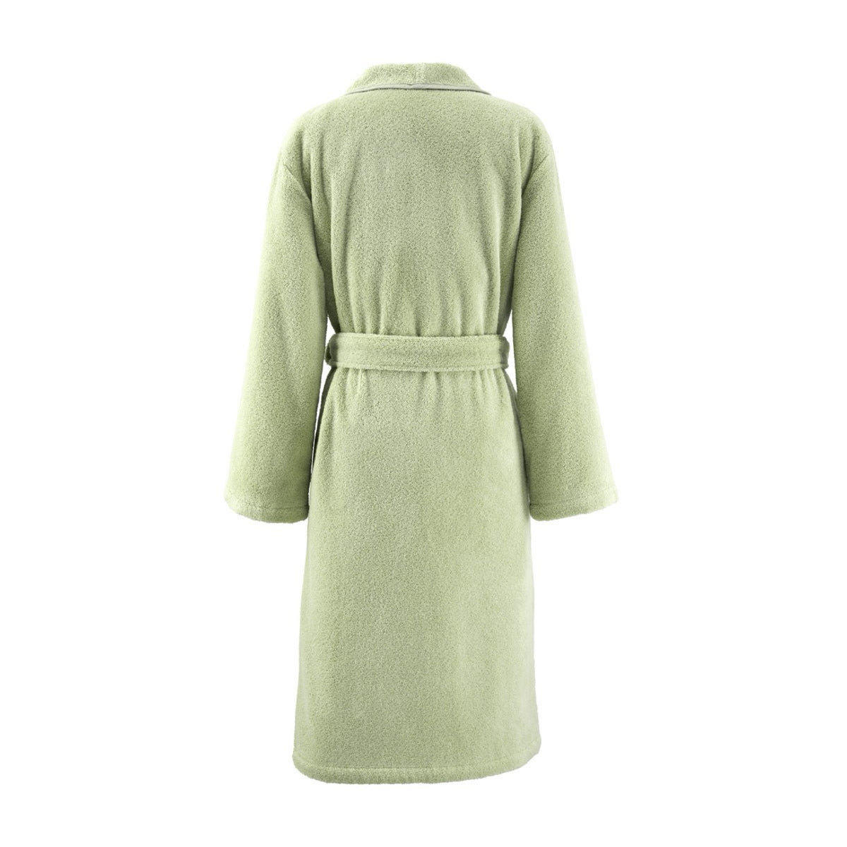Light green fleece bathrobe from the Orchidée Bath Collection, shown from the back, featuring long sleeves and a matching belt