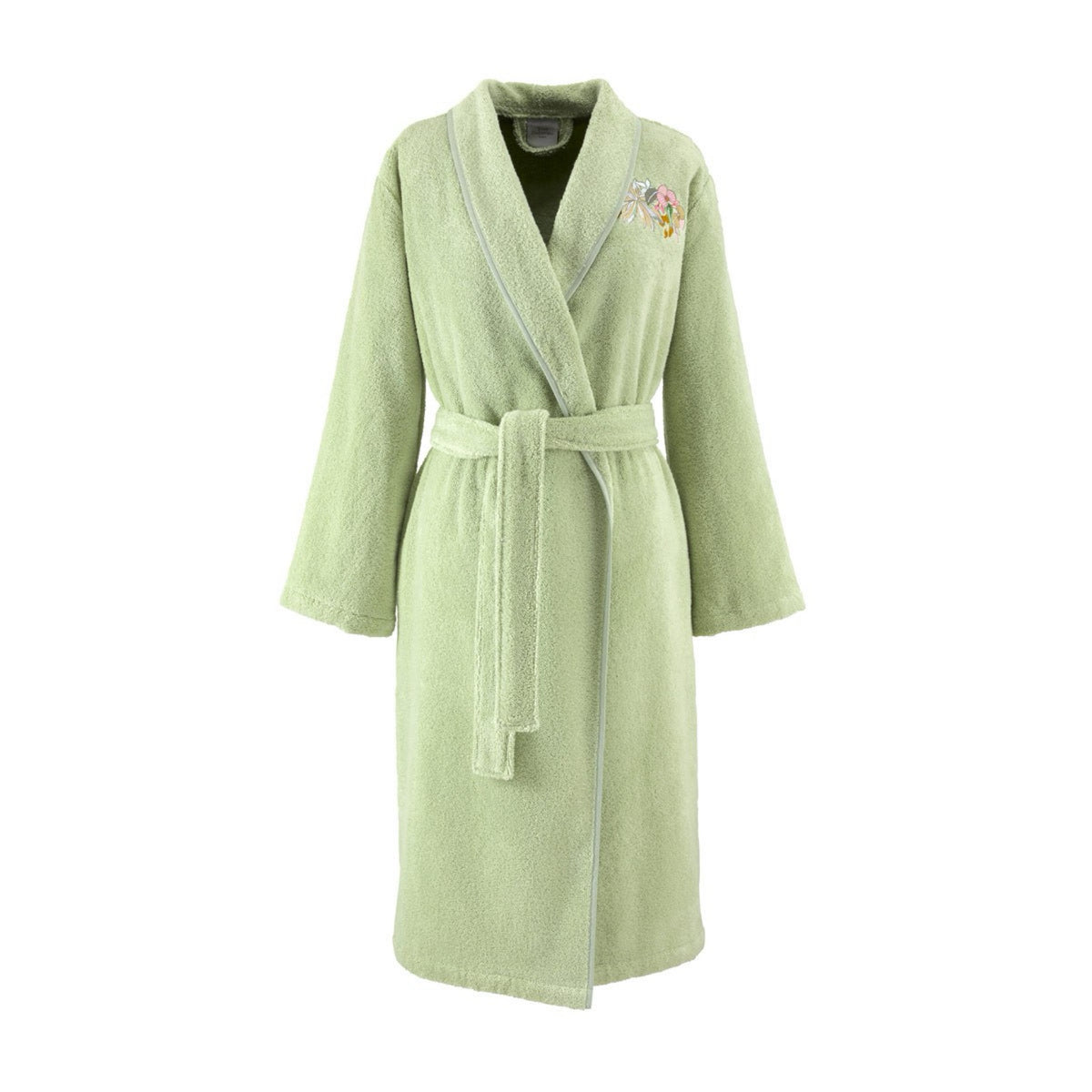 Light green bathrobe in terry weaving from the Orchidée Bath Collection, featuring embroidered floral detail on the chest