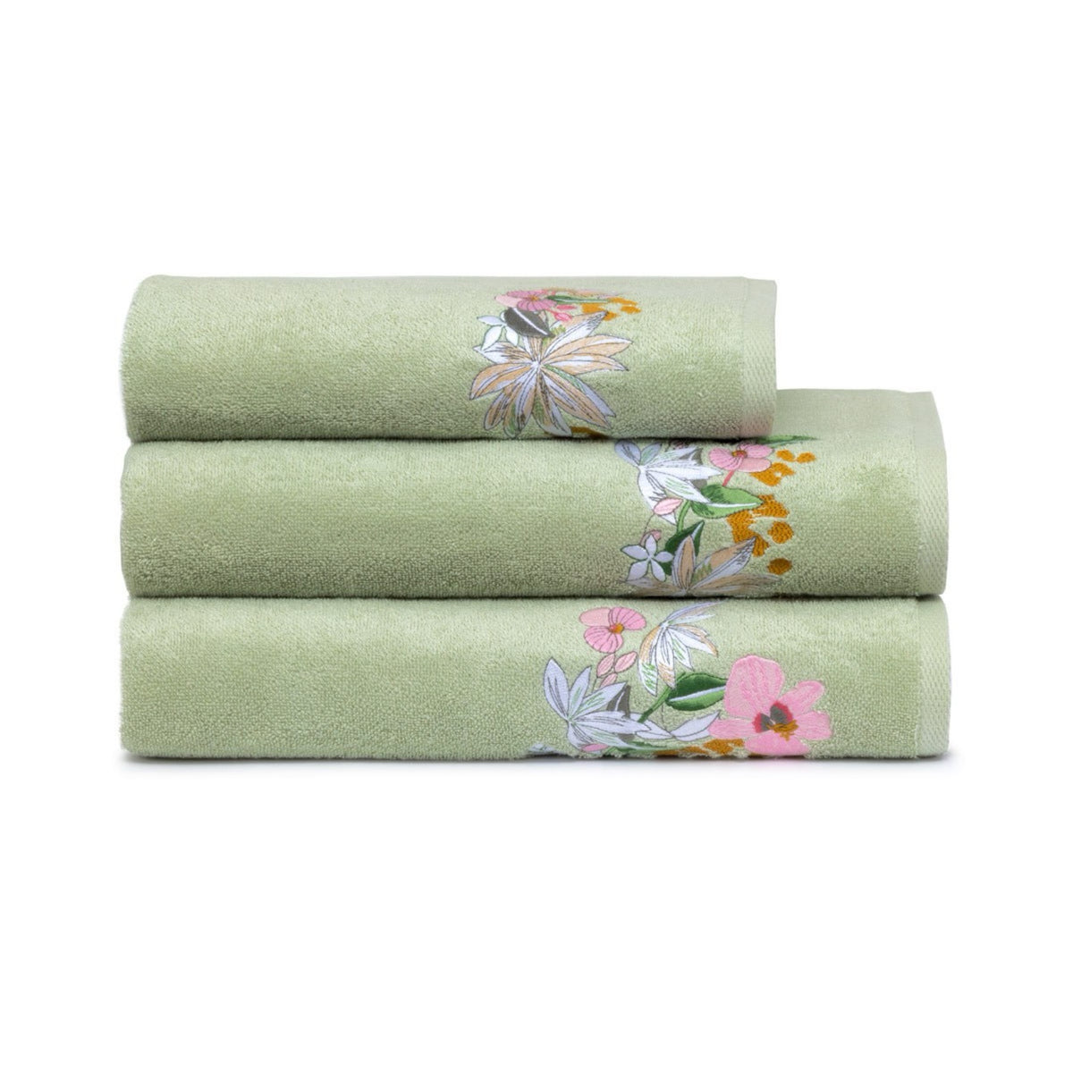 Three folded towels from the Orchidée Bath Collection
